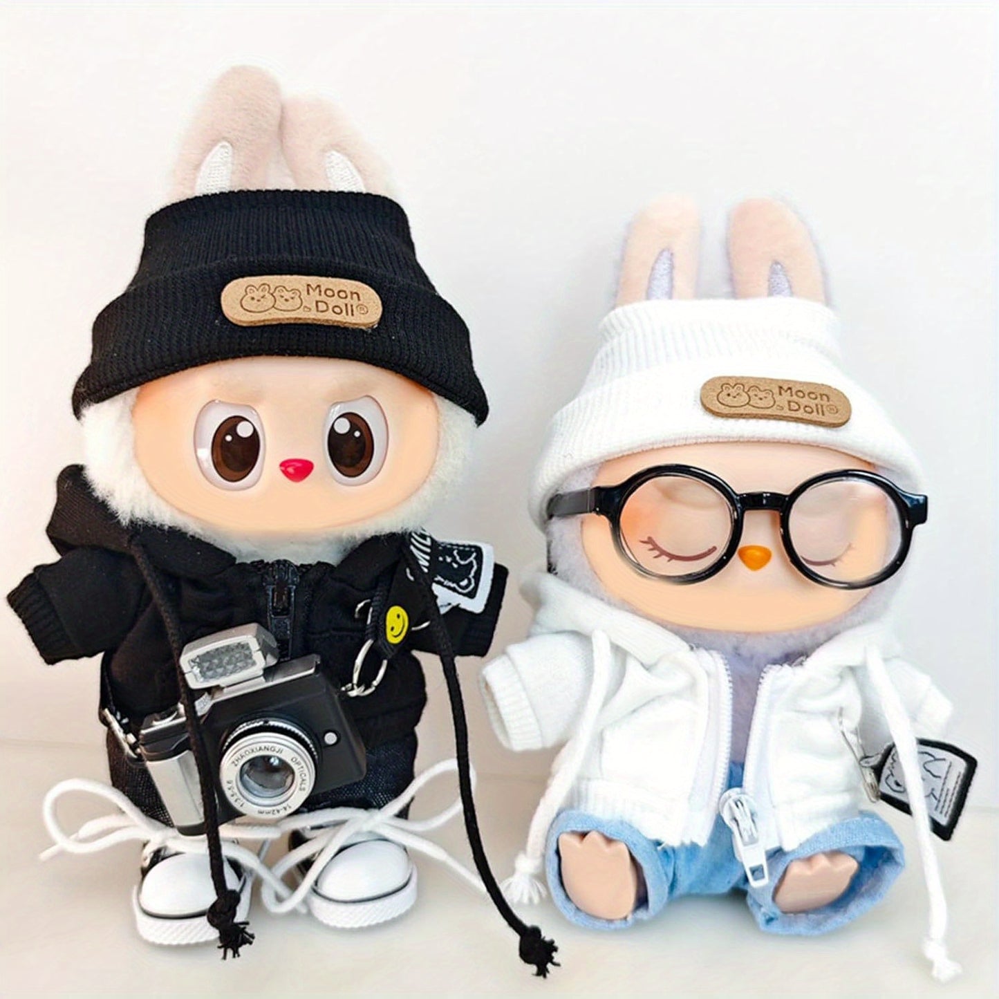 +Hoodie Clothes Sets for 6.69inch Dolls Labubu (Only Clothing No Doll) Clothing Accessories, Cool Cardigan Outfits for Doll Upper Garment Replacement (BlackA+Shoes+Glassess+mini Camera+Hats)