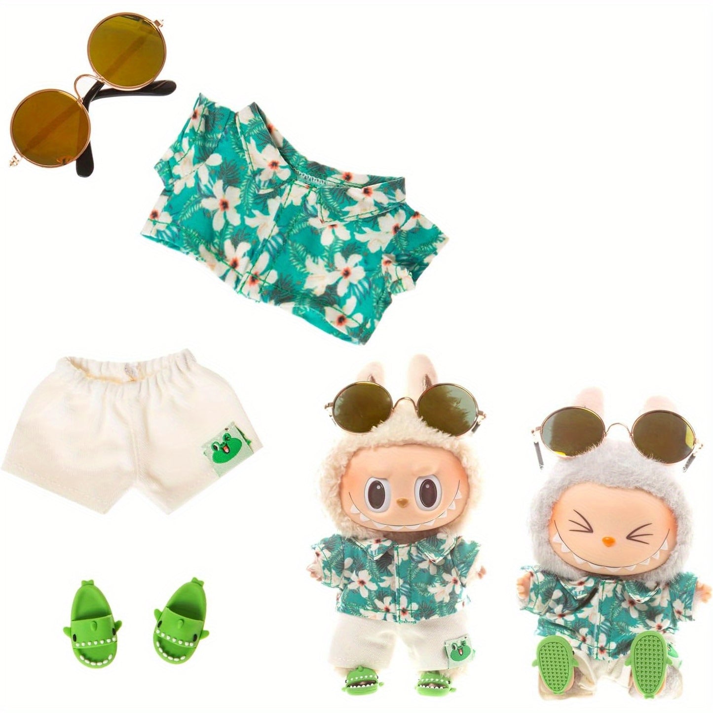 +Doll Clothes 4pcs Set for Labubu (NO DOLLS)- Tropical Hawaiian Green Shirt+ White Shorts& Shark Sandals Glasses Suitable for 5.91inch 6.69inch La-bubu Doll, Age Limit 15+(No Dolls)