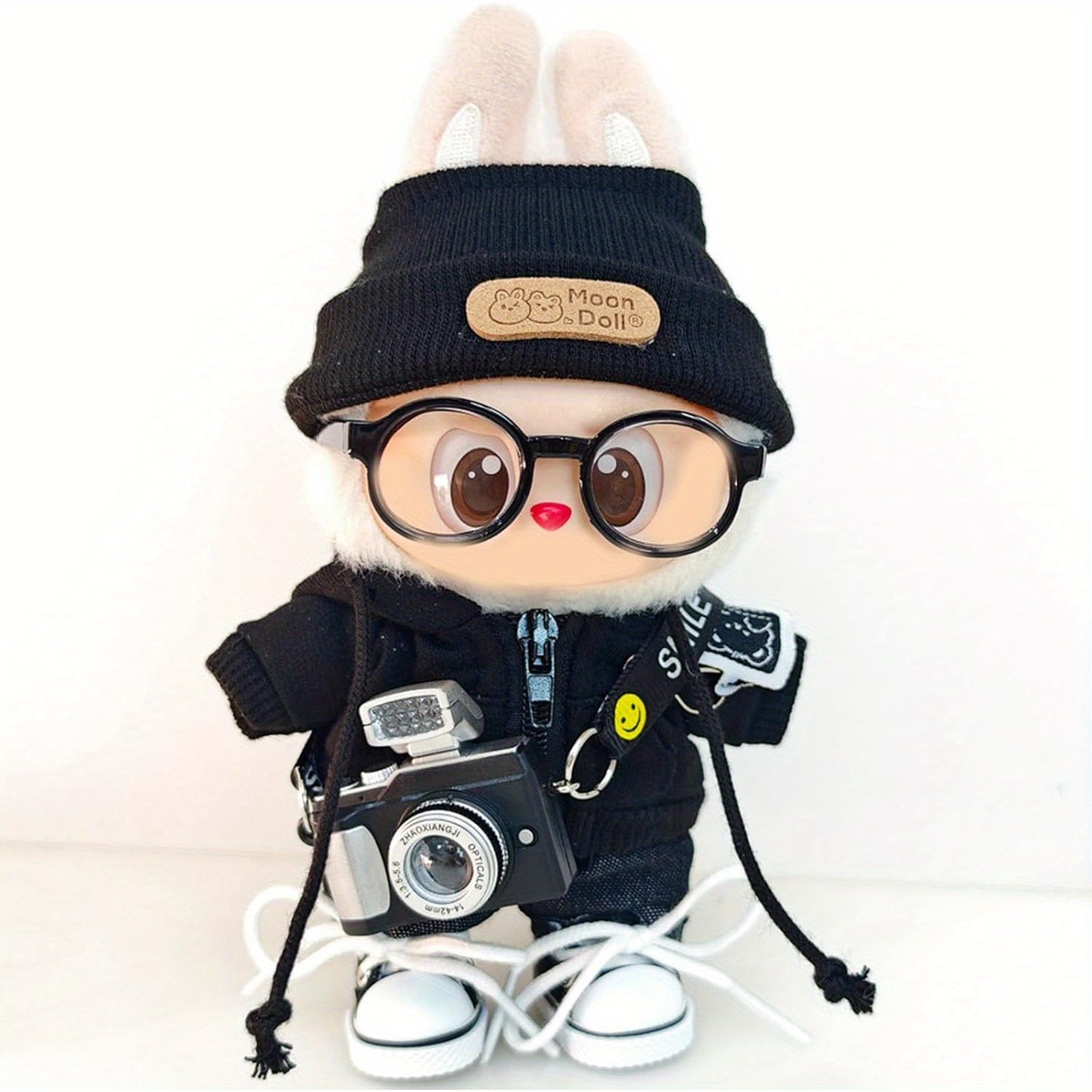 +Hoodie Clothes Sets for 6.69inch Dolls Labubu (Only Clothing No Doll) Clothing Accessories, Cool Cardigan Outfits for Doll Upper Garment Replacement (BlackA+Shoes+Glassess+mini Camera+Hats)