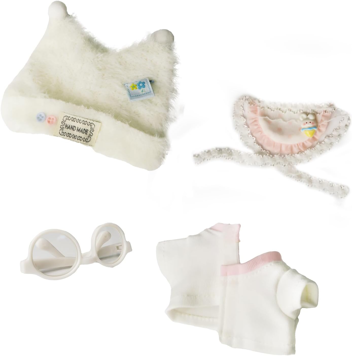 Cloth for 15cm & 17cm Doll,5-Piece Handcrafted Crochet Clothes Outfit for Doll(NO Doll) - Light Pink Clothes + Light Pink Bear-Shaped Velvet hat + Glasses + Shoulder Bag + White Canvas Shoes