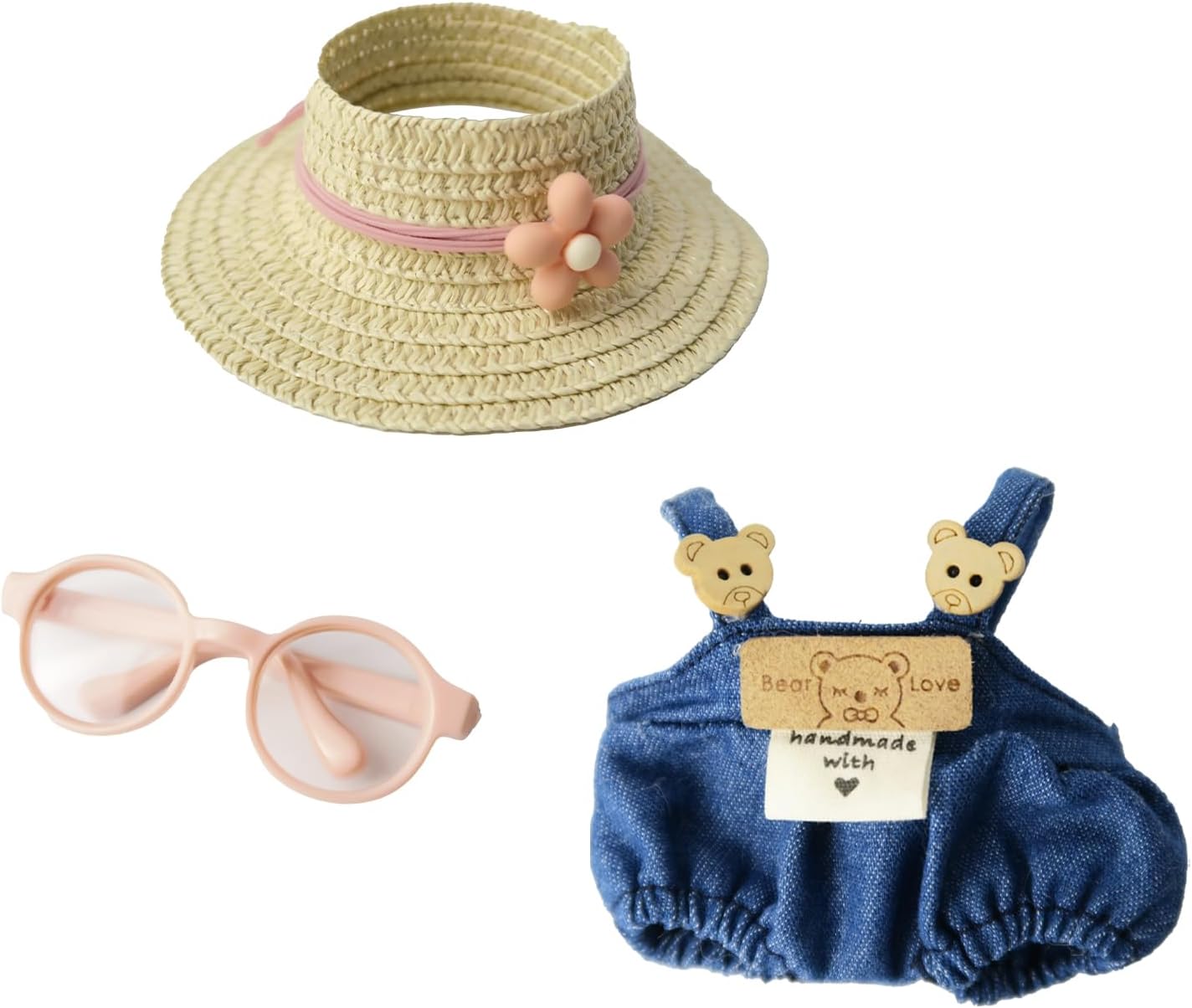 Cloth for 15cm & 17cm Doll,5-Piece Handcrafted Crochet Clothes Outfit for Doll(NO Doll) - Light Pink Clothes + Light Pink Bear-Shaped Velvet hat + Glasses + Shoulder Bag + White Canvas Shoes