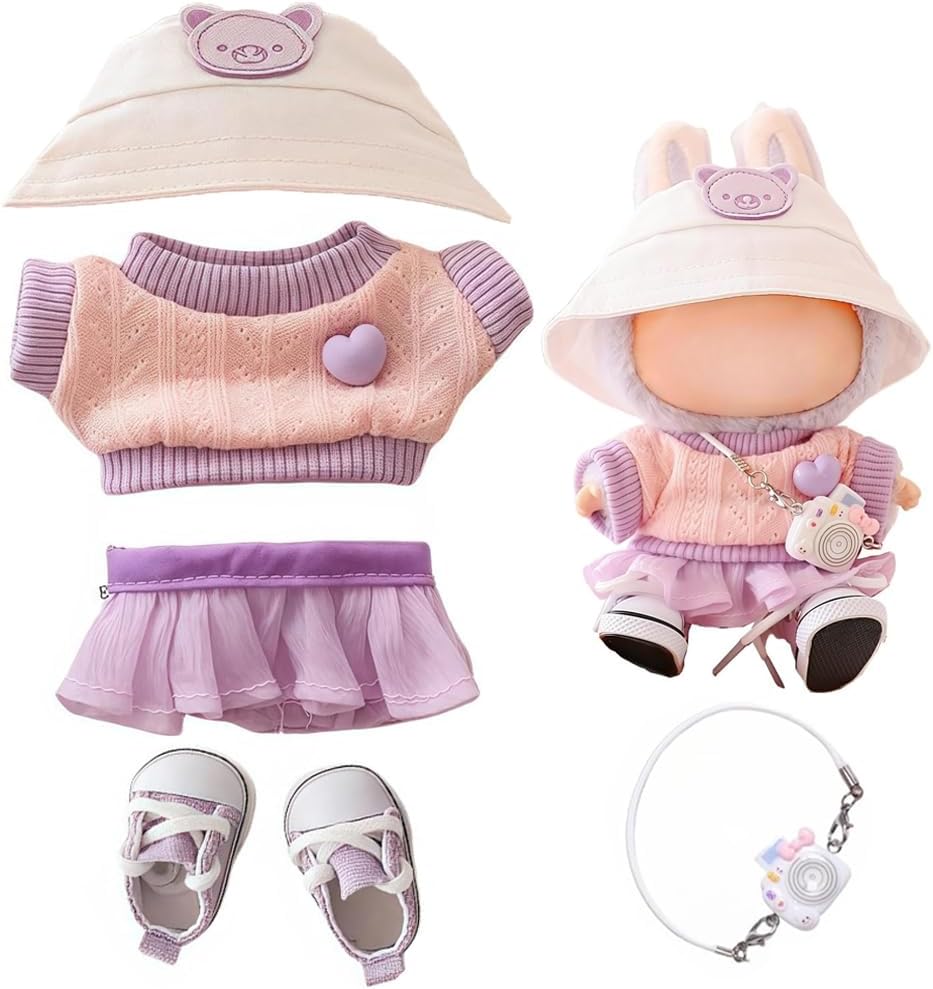 Doll Clothes for Dolls Accessories, Stylish Kawaii Outfit Set 5 Pieces Suitable for 15cm 17cm Doll,Doll Clothing Set Replacement (Pink)