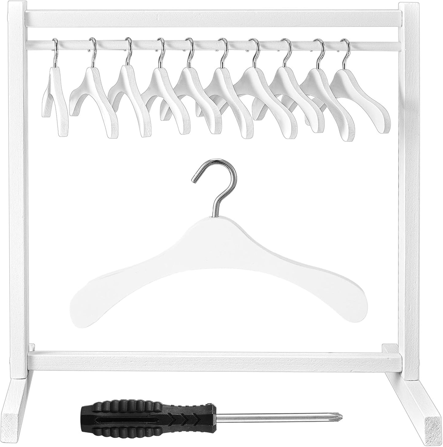 Civaner 11 Pcs Doll Garment Rack with Wooden Clothes Hanger for 18 Inch Girl Doll Clothes Mini Hangers Wardrobe Furniture Accessories for Dollhouse Baby Shower Supplies (Wood)