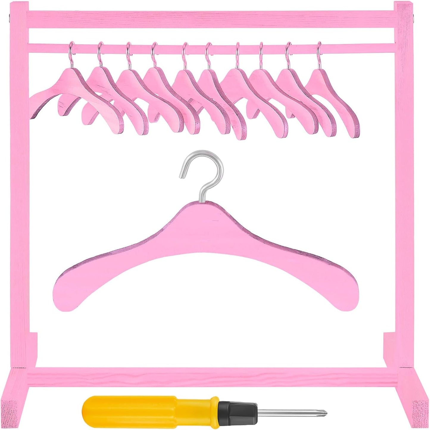 Civaner 11 Pcs Doll Garment Rack with Wooden Clothes Hanger for 18 Inch Girl Doll Clothes Mini Hangers Wardrobe Furniture Accessories for Dollhouse Baby Shower Supplies (Wood)