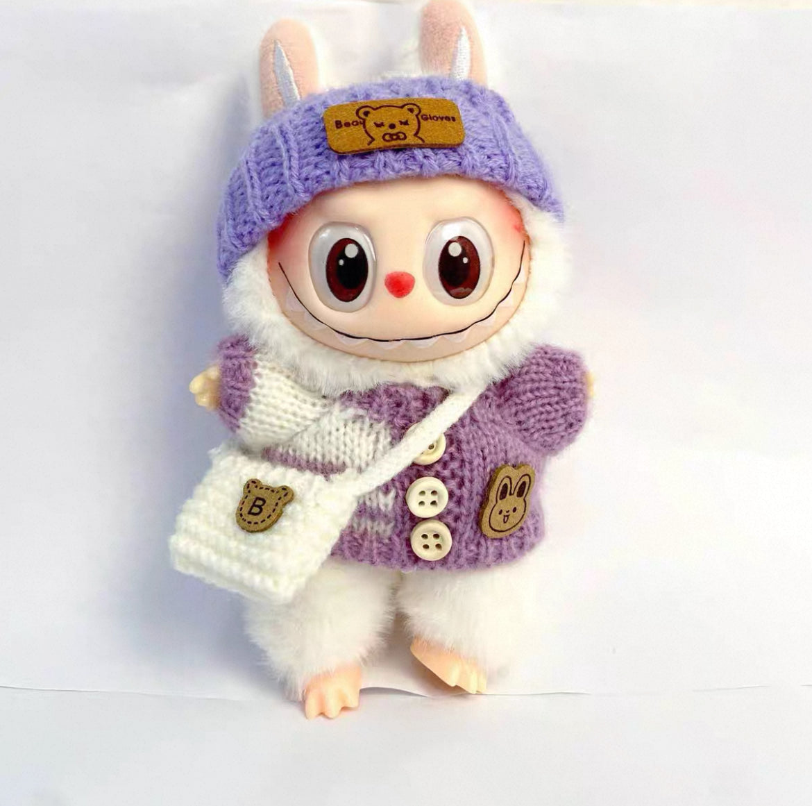 +3-Piece Handcrafted Crochet Doll Clothes Set – Hat, Sweater & Bag (Maillard Brown) Fits 5.9–6.7 inch Dolls (Labubu Gen 1 & 2) No Doll
