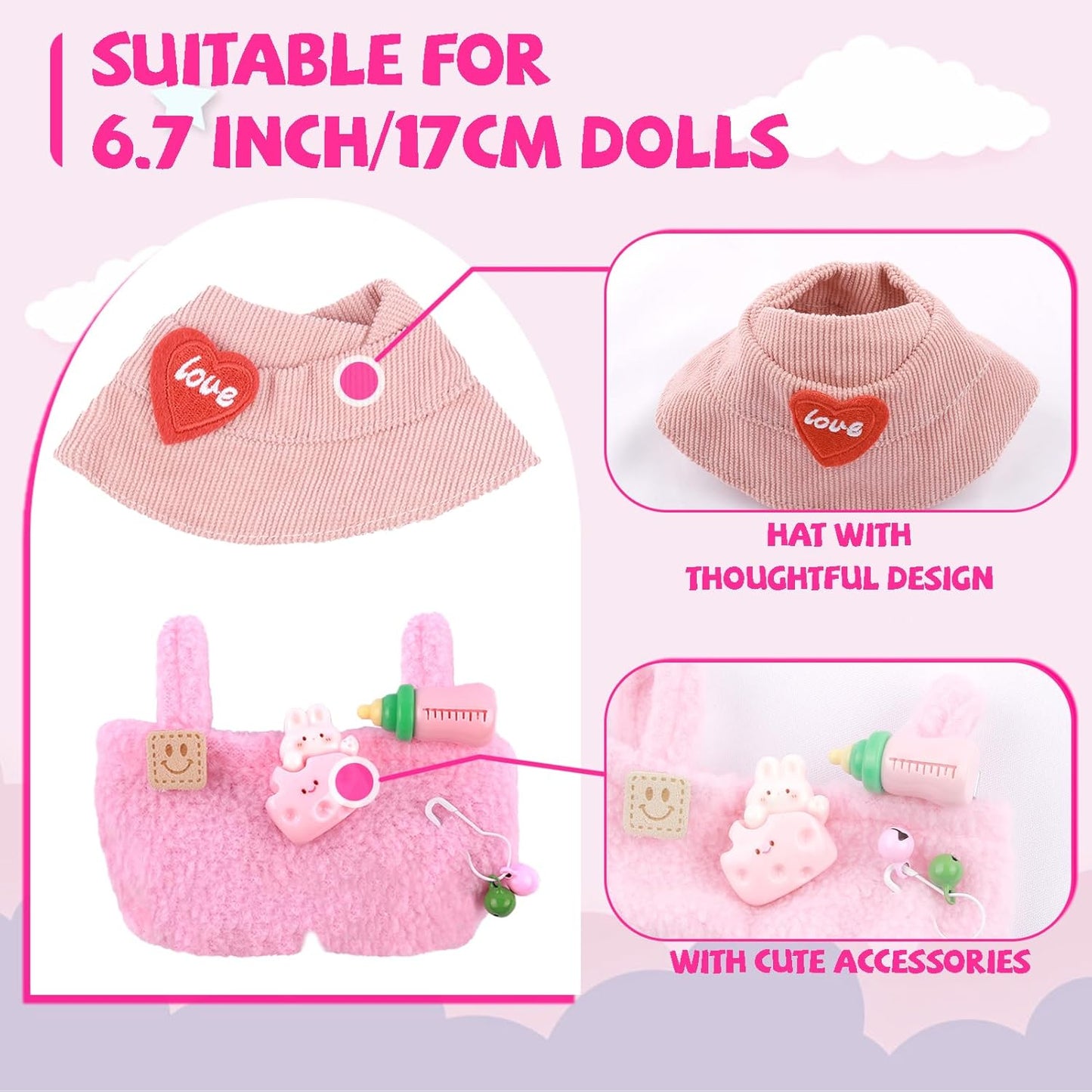 2 Sets of Clothes for Doll, 5 Pcs Accessories for Doll 6.7in/17cm Outfits Knit Hat+T-Shirt+Bag, Doll Sun Hat+Bib Pants