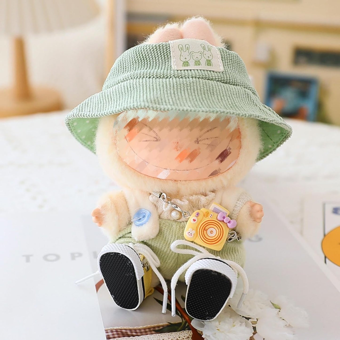 Clothes Set for 17CM/ 6.7 Inch Doll, Crochet 4 Piece Set Hat Clothes Cell Phone Backpack for LABUBU, Stylish Adorable Dolls Clothes Accessories (No Doll) (Pink)