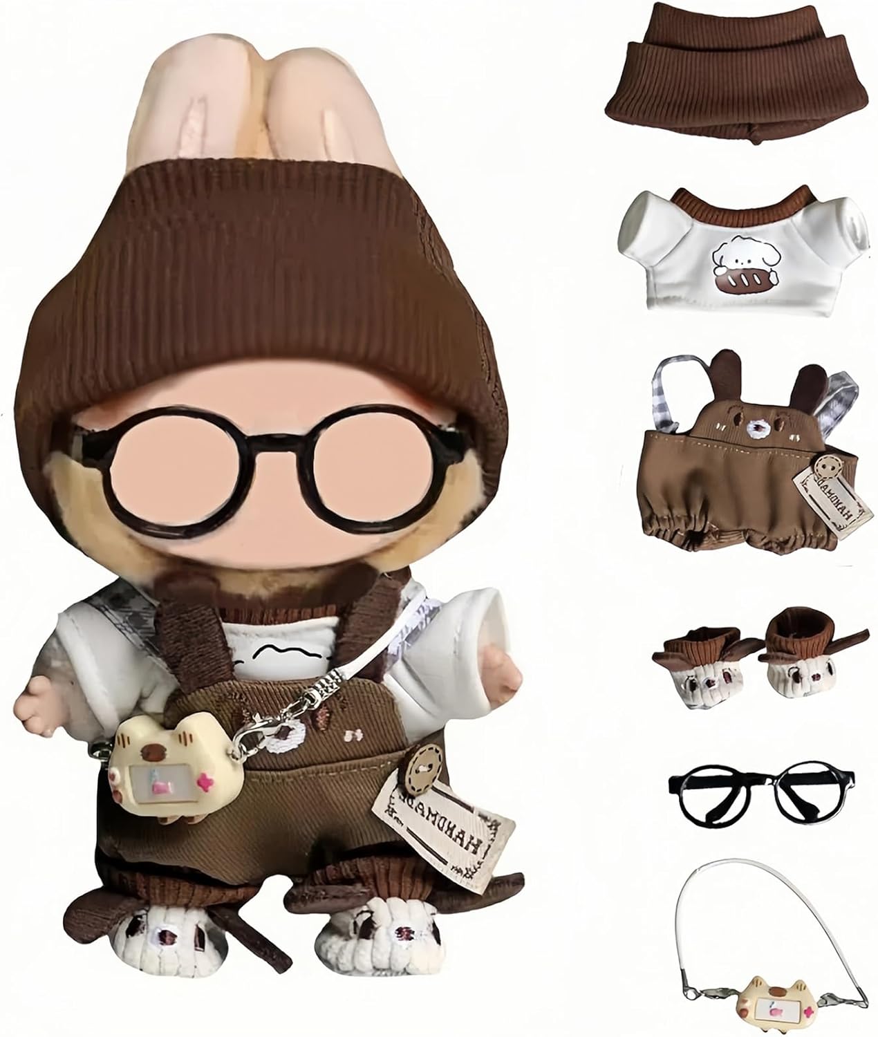 6 Set 17cm Doll Clothes, Clothes for Dolls Outfit, Accessories for 17cm Dolls Clothes T-Shirt + Overalls + Hat + Small Camera + Glasses + Shoes, No Doll Included