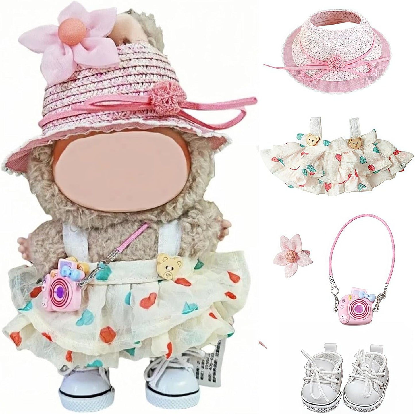 6 Set 17cm Doll Clothes, Clothes for Dolls Outfit, Accessories for 17cm Dolls Clothes T-Shirt + Overalls + Hat + Small Camera + Glasses + Shoes, No Doll Included