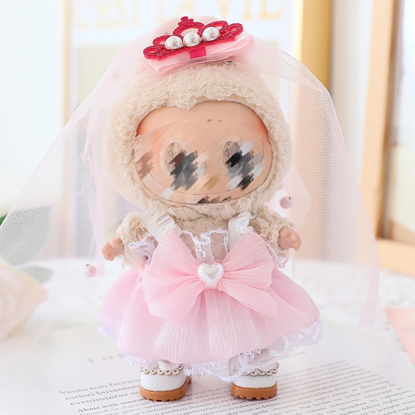 Clothes Set for 17CM/ 6.7 Inch Doll, Crochet 4 Piece Set Hat Clothes Cell Phone Backpack for LABUBU, Stylish Adorable Dolls Clothes Accessories (No Doll) (Pink)