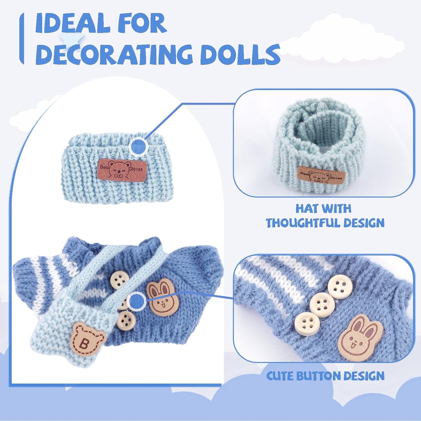 2 Sets of Clothes for Doll, 5 Pcs Accessories for Doll 6.7in/17cm Outfits Knit Hat+T-Shirt+Bag, Doll Sun Hat+Bib Pants