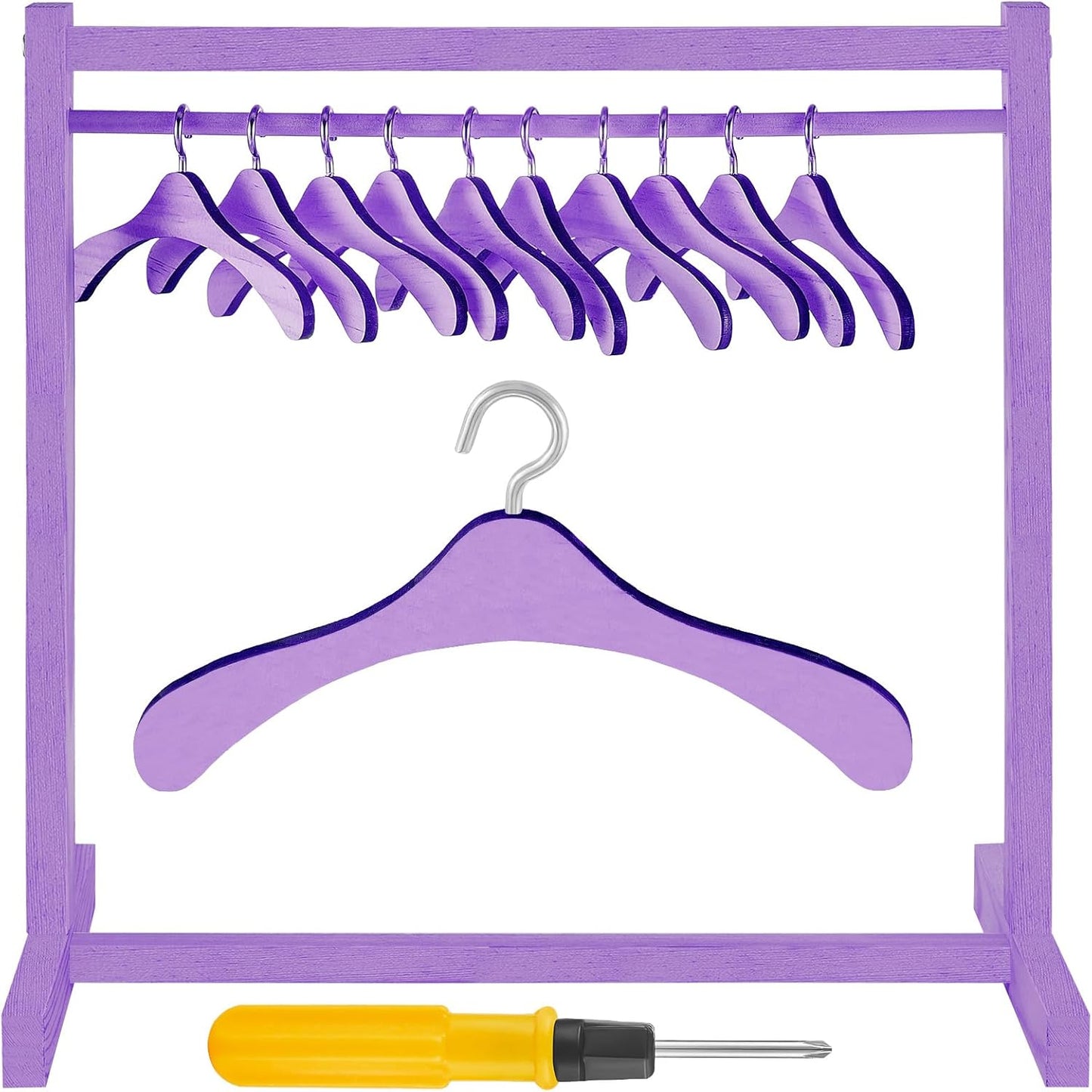 Civaner 11 Pcs Doll Garment Rack with Wooden Clothes Hanger for 18 Inch Girl Doll Clothes Mini Hangers Wardrobe Furniture Accessories for Dollhouse Baby Shower Supplies (Wood)