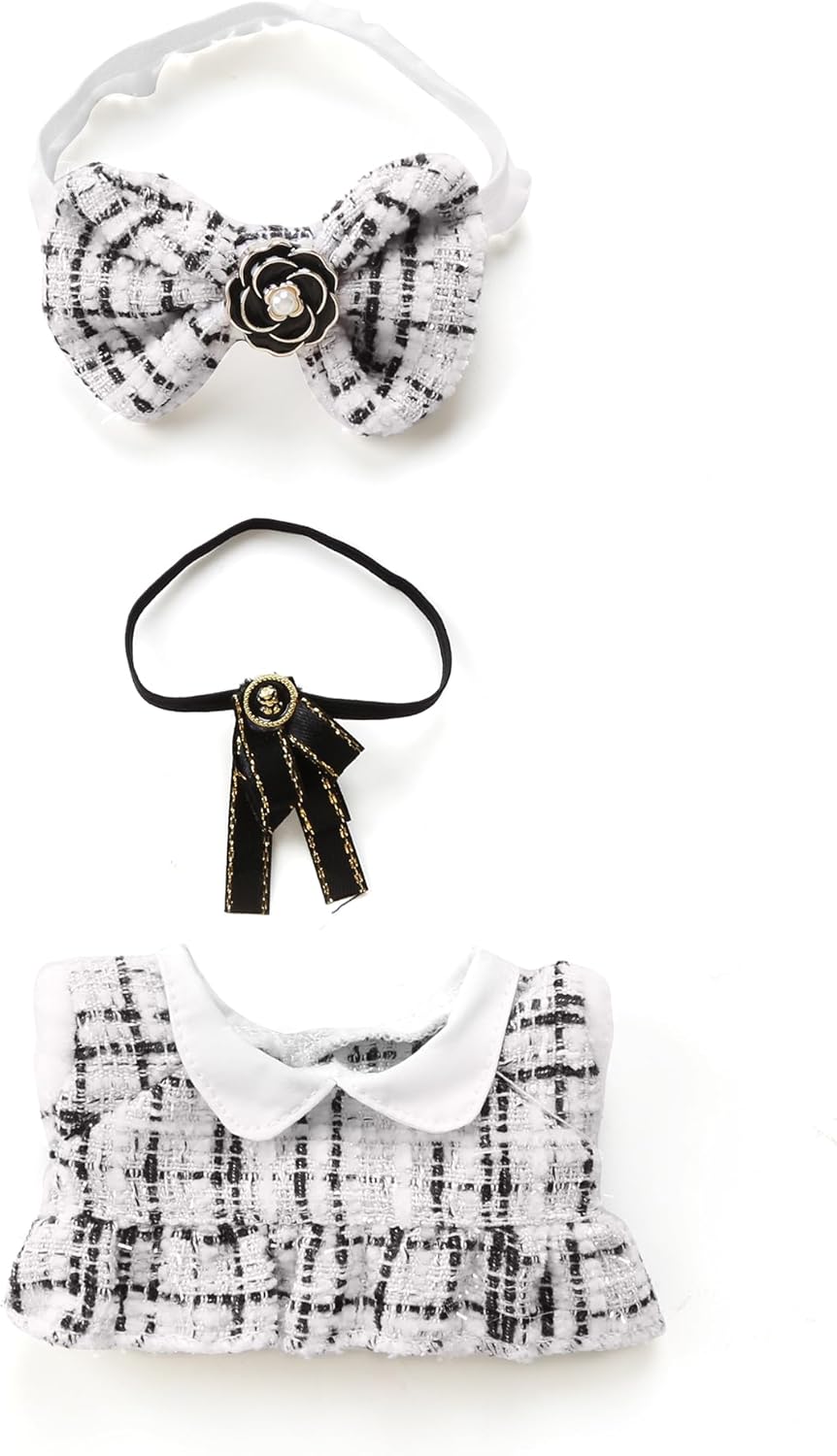 17cm Doll Clothes - Luxury Chic Style Set for 17cm Dolls, Premium Doll Outfit with Accessories - White Plaid Tweed Dress + Black Necktie + Plaid Bow (NO Doll)