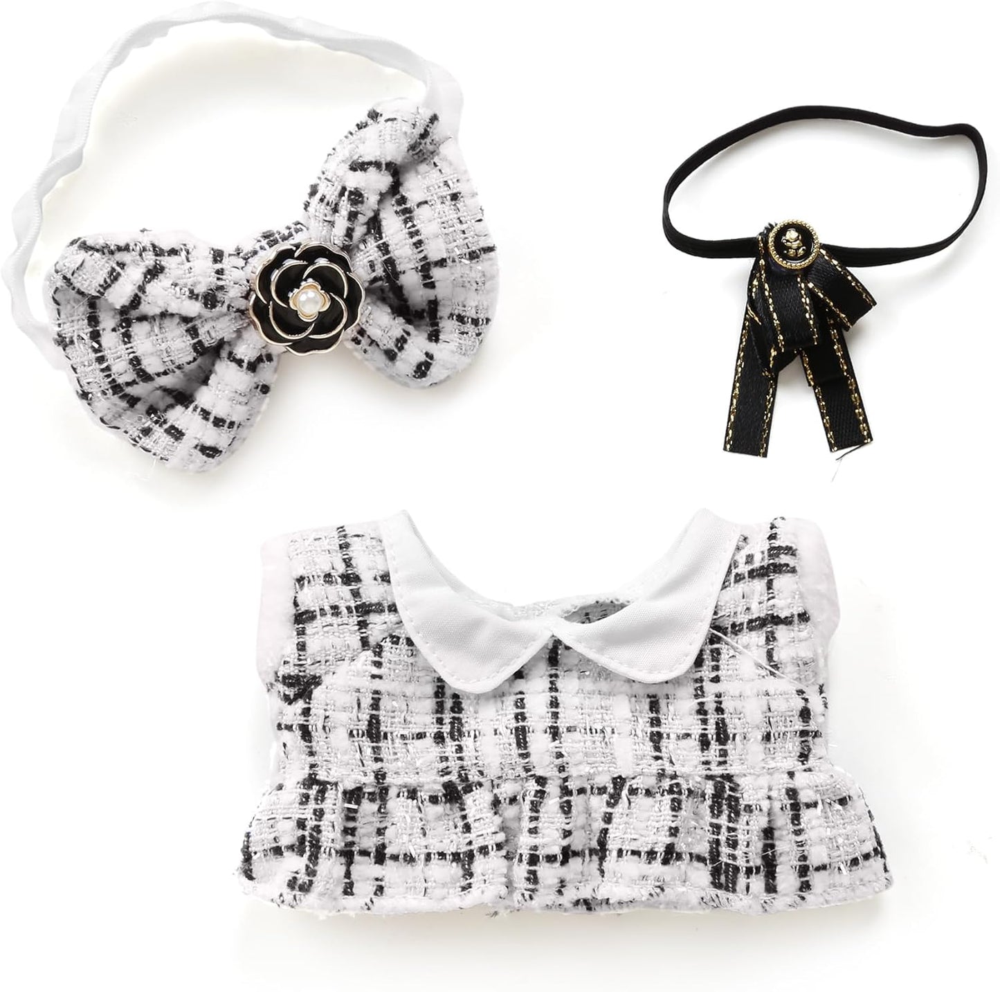 17cm Doll Clothes - Luxury Chic Style Set for 17cm Dolls, Premium Doll Outfit with Accessories - White Plaid Tweed Dress + Black Necktie + Plaid Bow (NO Doll)