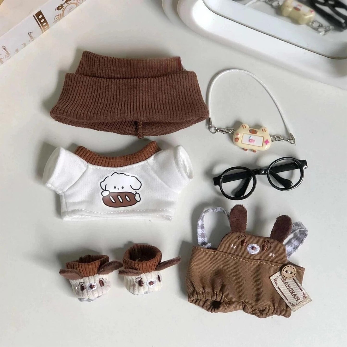 6 Set 17cm Doll Clothes, Clothes for Dolls Outfit, Accessories for 17cm Dolls Clothes T-Shirt + Overalls + Hat + Small Camera + Glasses + Shoes, No Doll Included