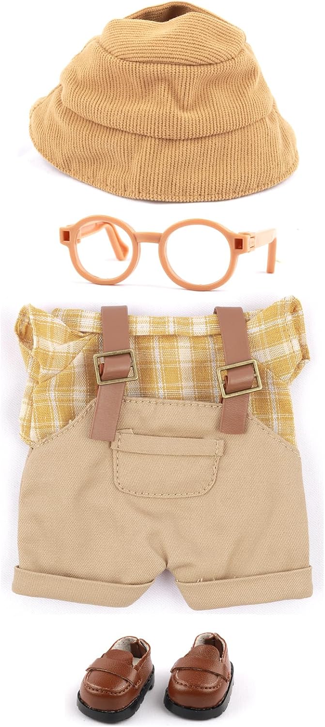 Clothes for Doll, 5-Piece Set Doll Clothes 6.7in/17cm Doll Outfits Cute Accessories for Doll Includes Doll Shoes+Doll Hat+Plaid T-Shirt+Bib Pants+Glasses Clothes Set
