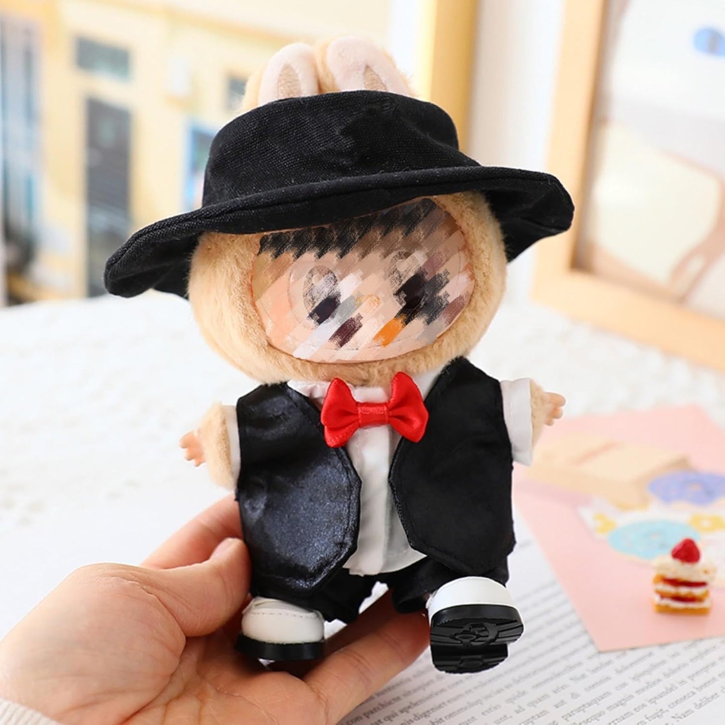 Clothes Set for 17CM/ 6.7 Inch Doll, Crochet 4 Piece Set Hat Clothes Cell Phone Backpack for LABUBU, Stylish Adorable Dolls Clothes Accessories (No Doll) (Pink)