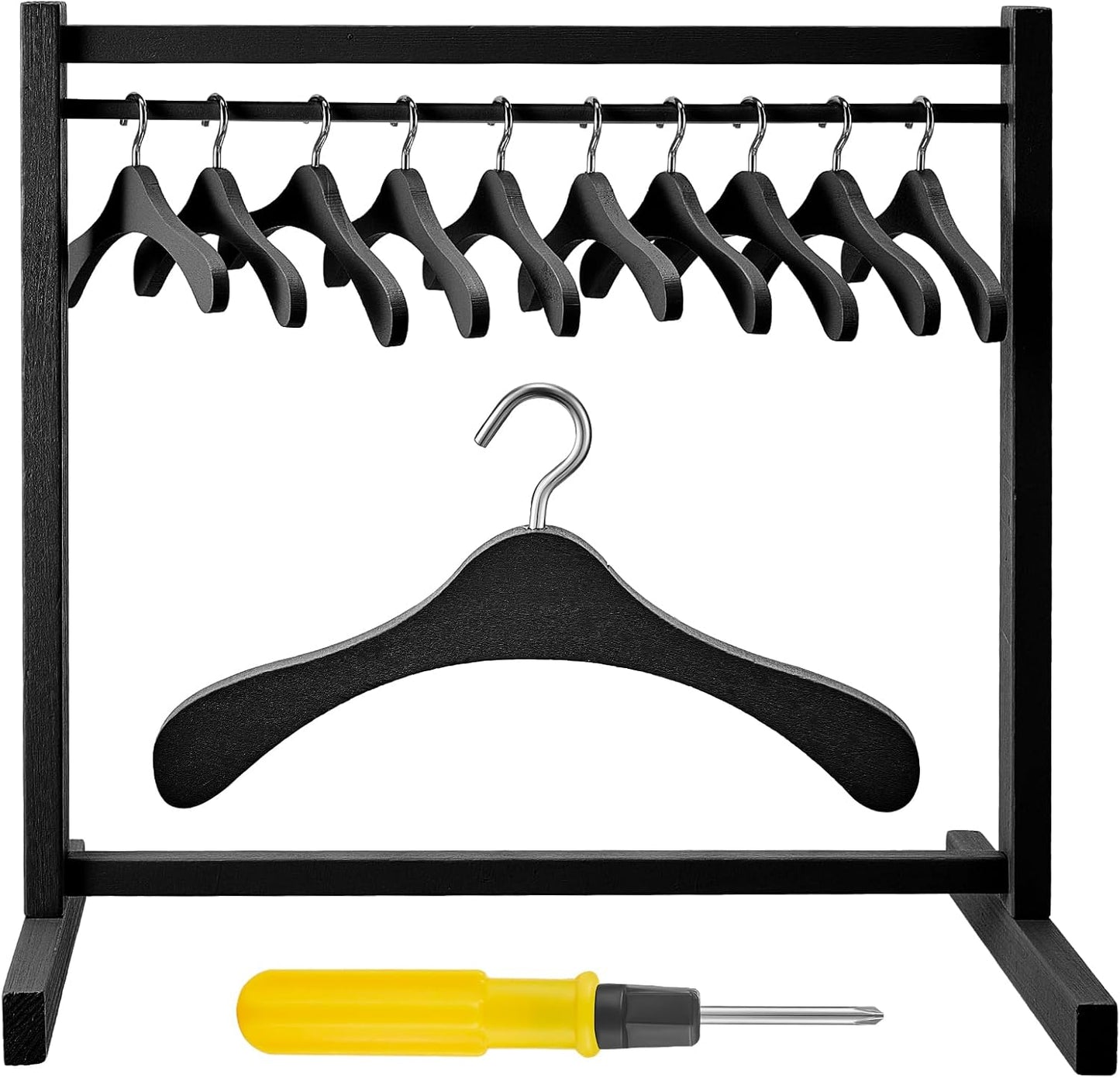 Civaner 11 Pcs Doll Garment Rack with Wooden Clothes Hanger for 18 Inch Girl Doll Clothes Mini Hangers Wardrobe Furniture Accessories for Dollhouse Baby Shower Supplies (Wood)