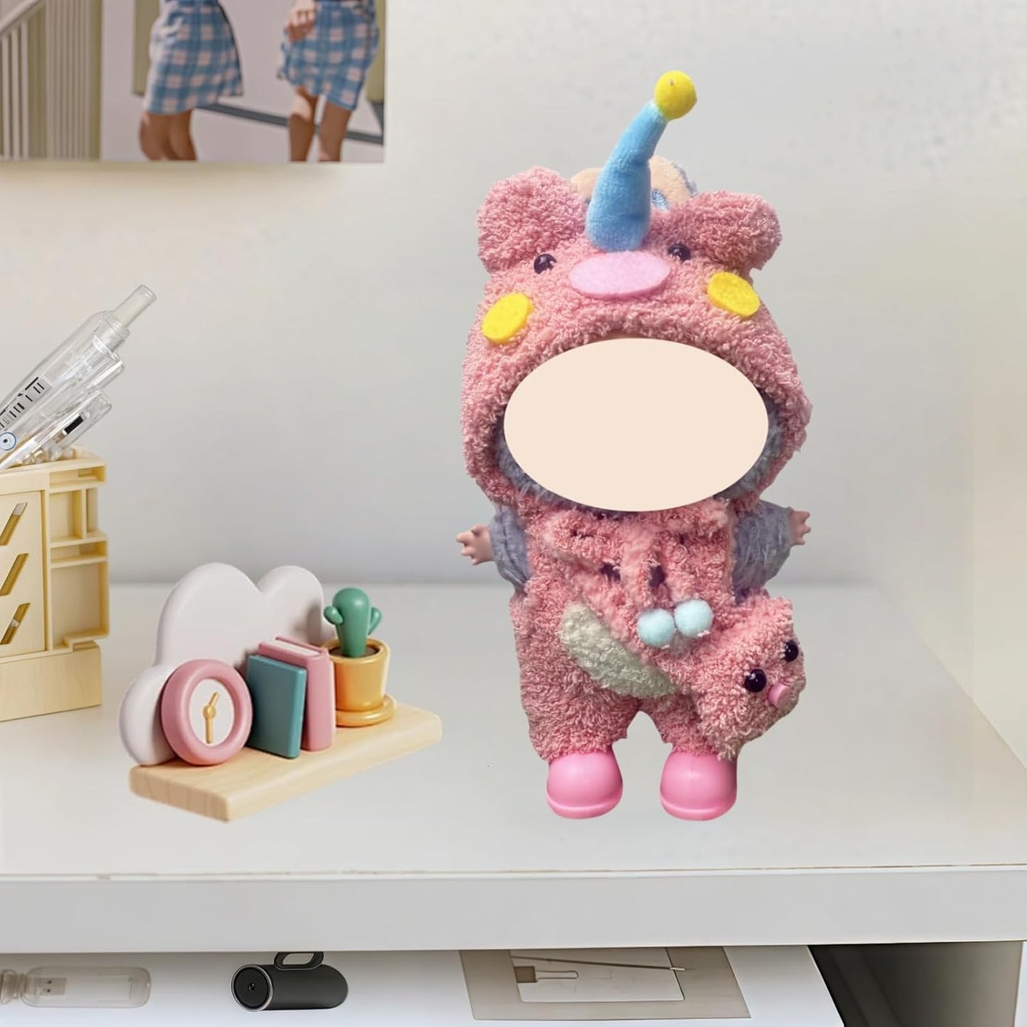 17cm Doll Clothes, 4-Piece Clothes for Dolls Outfit, Accessories for Cute Dolls Clothes, Pink Hat + Overalls + Bag + Shoe, No Doll Included