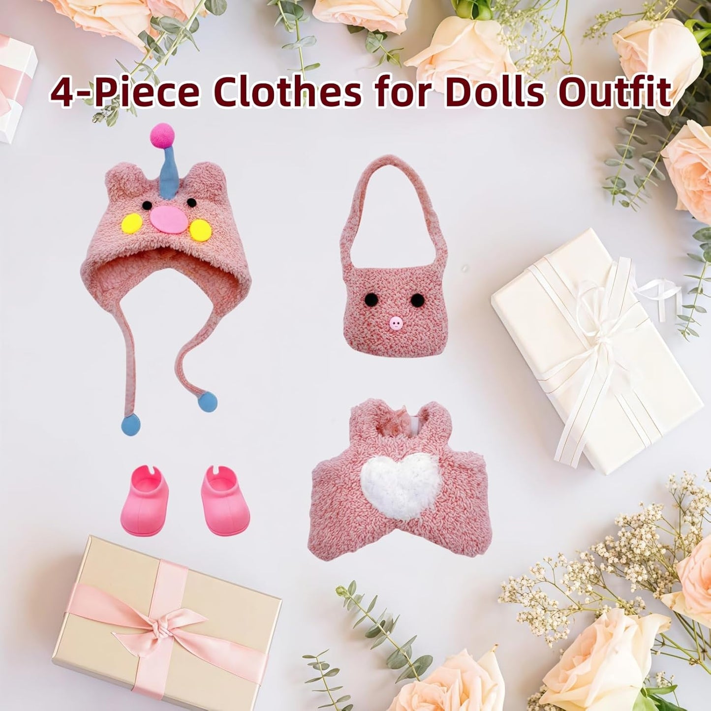17cm Doll Clothes, 4-Piece Clothes for Dolls Outfit, Accessories for Cute Dolls Clothes, Pink Hat + Overalls + Bag + Shoe, No Doll Included