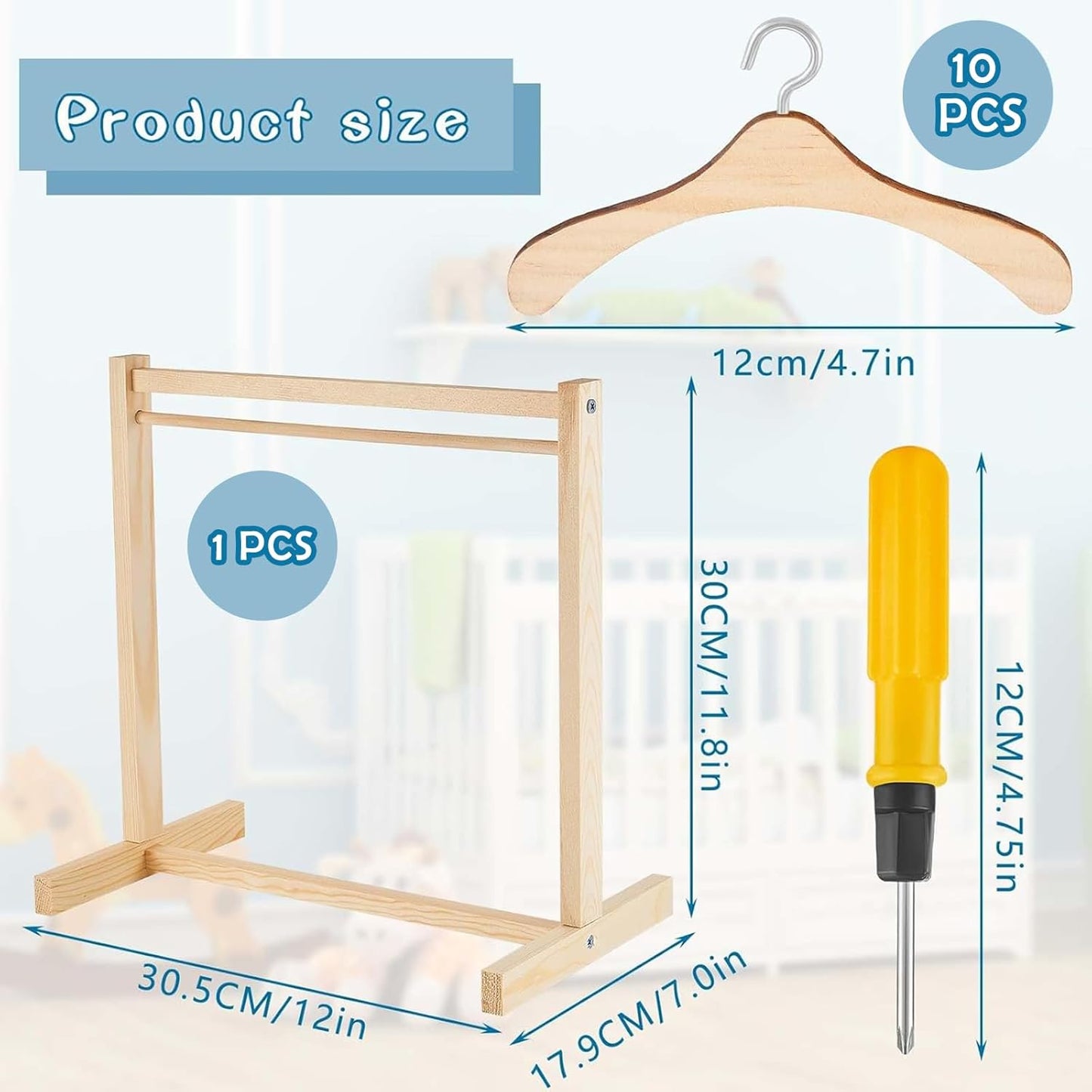 Civaner 11 Pcs Doll Garment Rack with Wooden Clothes Hanger for 18 Inch Girl Doll Clothes Mini Hangers Wardrobe Furniture Accessories for Dollhouse Baby Shower Supplies (Wood)