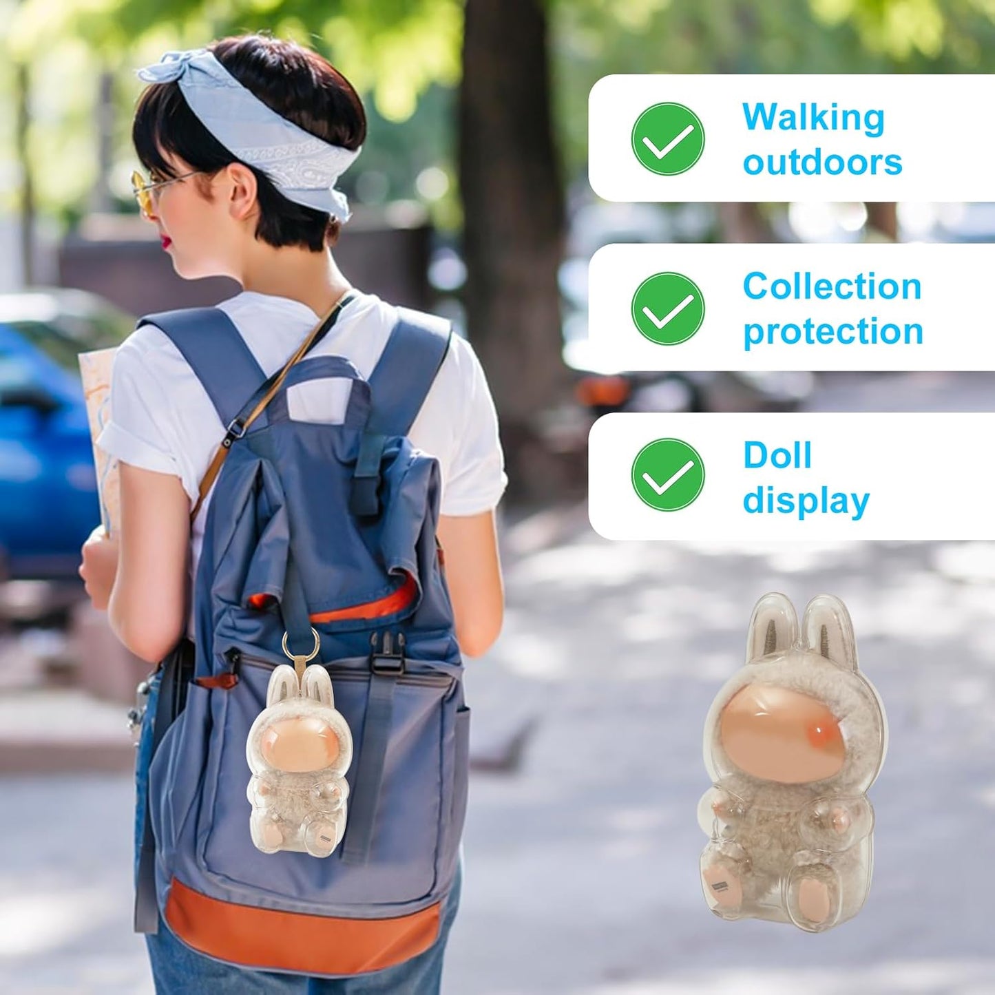 Protective Case for 15/17cm Dolls, lear Figure Display Bag with Keychain, Plastic Protective Cover, Storage Transparent PVC Bag Hanging Model (Doll Not Include, Style B Sitting)