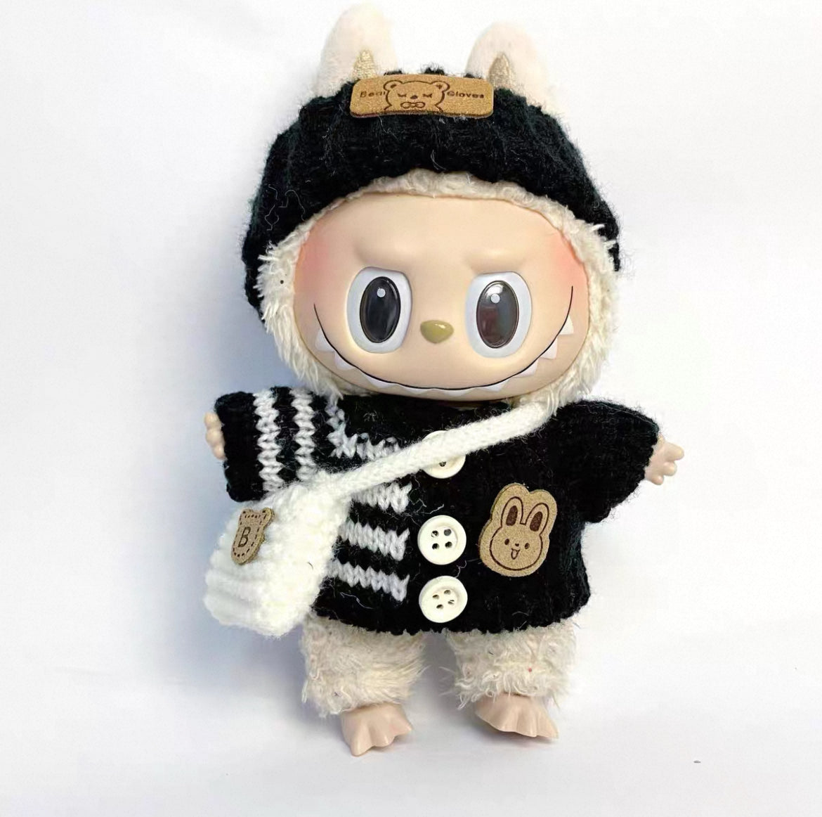 +3-Piece Handcrafted Crochet Doll Clothes Set – Hat, Sweater & Bag (Maillard Brown) Fits 5.9–6.7 inch Dolls (Labubu Gen 1 & 2) No Doll