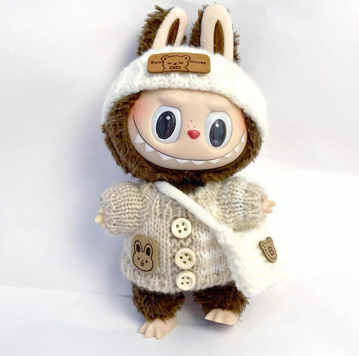 +3-Piece Handcrafted Crochet Doll Clothes Set – Hat, Sweater & Bag (Maillard Brown) Fits 5.9–6.7 inch Dolls (Labubu Gen 1 & 2) No Doll