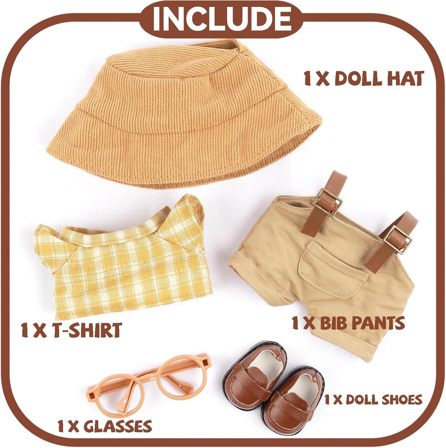 Clothes for Doll, 5-Piece Set Doll Clothes 6.7in/17cm Doll Outfits Cute Accessories for Doll Includes Doll Shoes+Doll Hat+Plaid T-Shirt+Bib Pants+Glasses Clothes Set