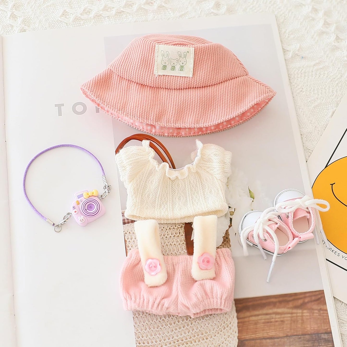 Clothes Set for 17CM/ 6.7 Inch Doll, Crochet 4 Piece Set Hat Clothes Cell Phone Backpack for LABUBU, Stylish Adorable Dolls Clothes Accessories (No Doll) (Pink)