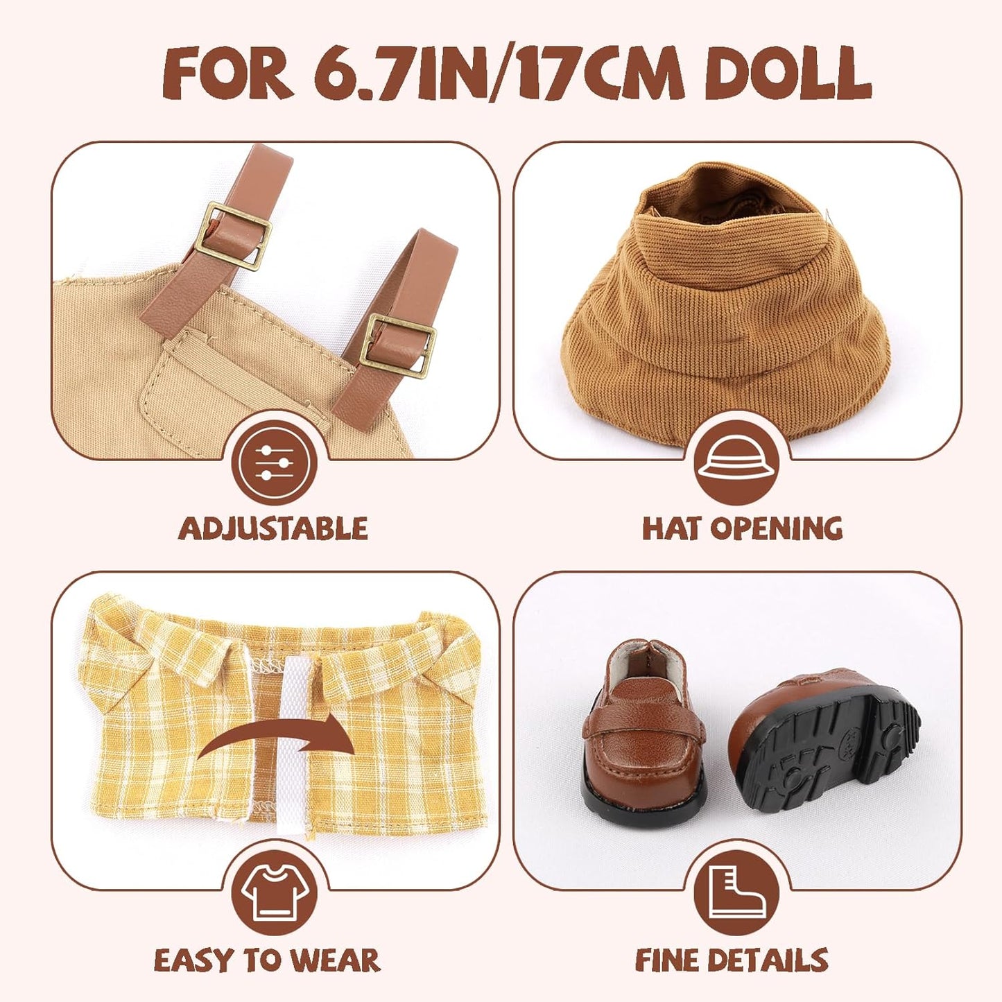 Clothes for Doll, 5-Piece Set Doll Clothes 6.7in/17cm Doll Outfits Cute Accessories for Doll Includes Doll Shoes+Doll Hat+Plaid T-Shirt+Bib Pants+Glasses Clothes Set