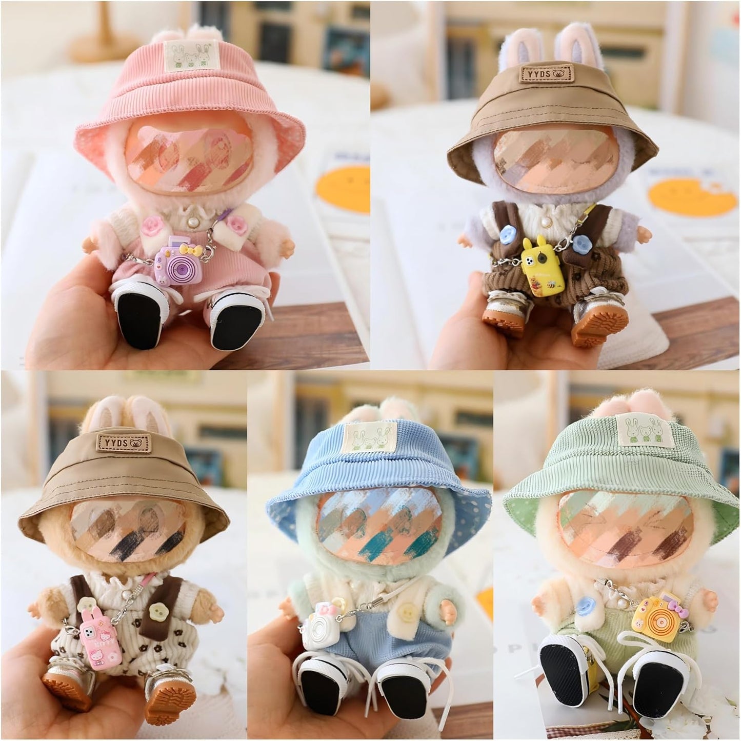 Clothes Set for 17CM/ 6.7 Inch Doll, Crochet 4 Piece Set Hat Clothes Cell Phone Backpack for LABUBU, Stylish Adorable Dolls Clothes Accessories (No Doll) (Pink)