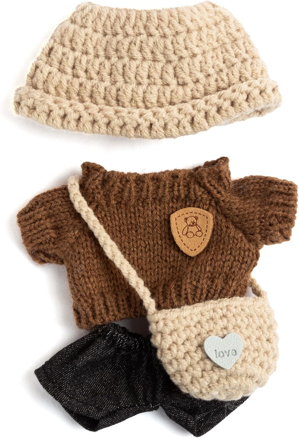 17cm Doll Clothes - Kawaii Chic Style Set for 17cm Dolls, Premium Doll Outfit with Accessories - Khaki Wool Hat + Brown Romper + Black Jeans + Khaki Bag (NO Doll)