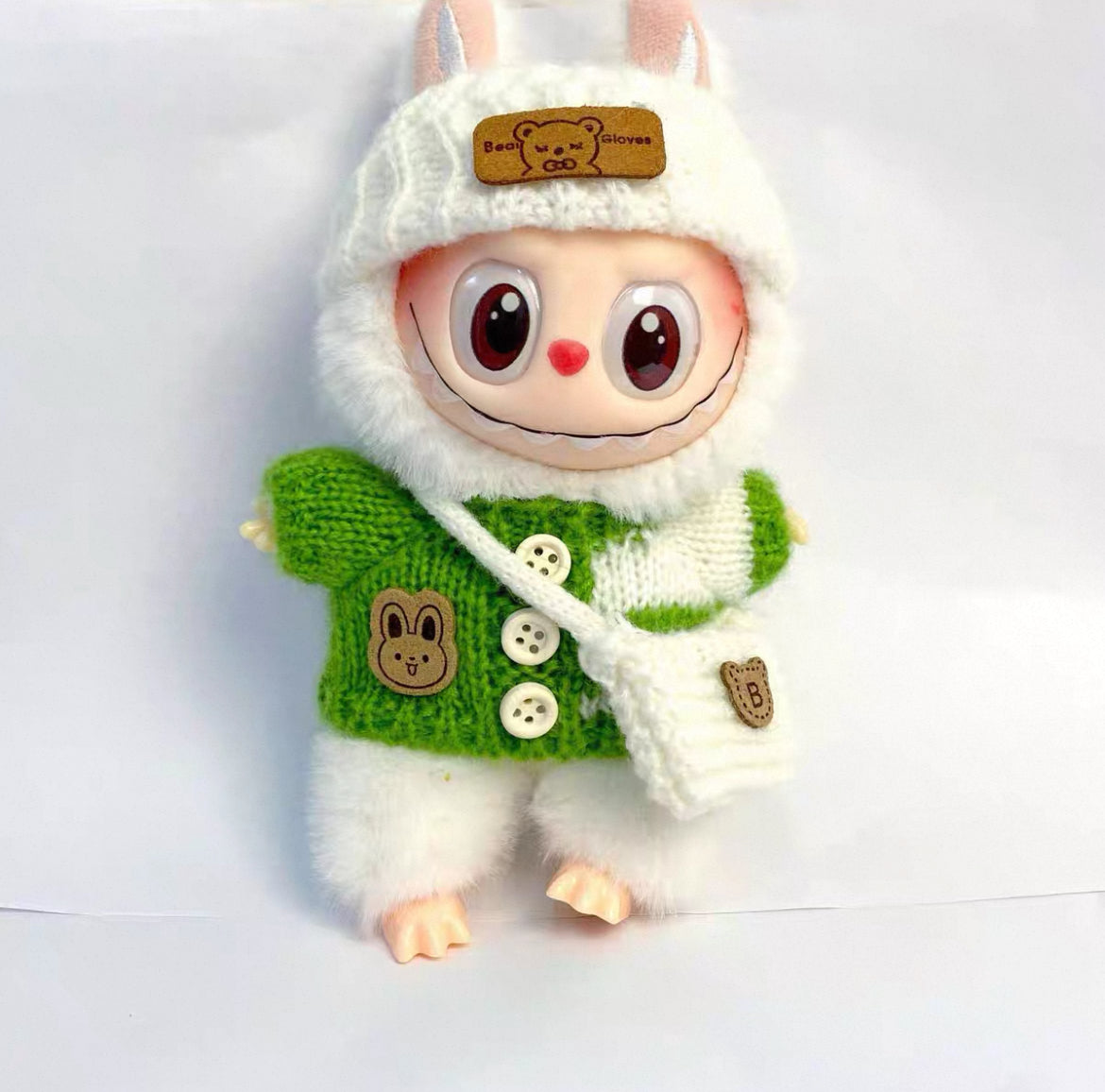 +3-Piece Handcrafted Crochet Doll Clothes Set – Hat, Sweater & Bag (Maillard Brown) Fits 5.9–6.7 inch Dolls (Labubu Gen 1 & 2) No Doll