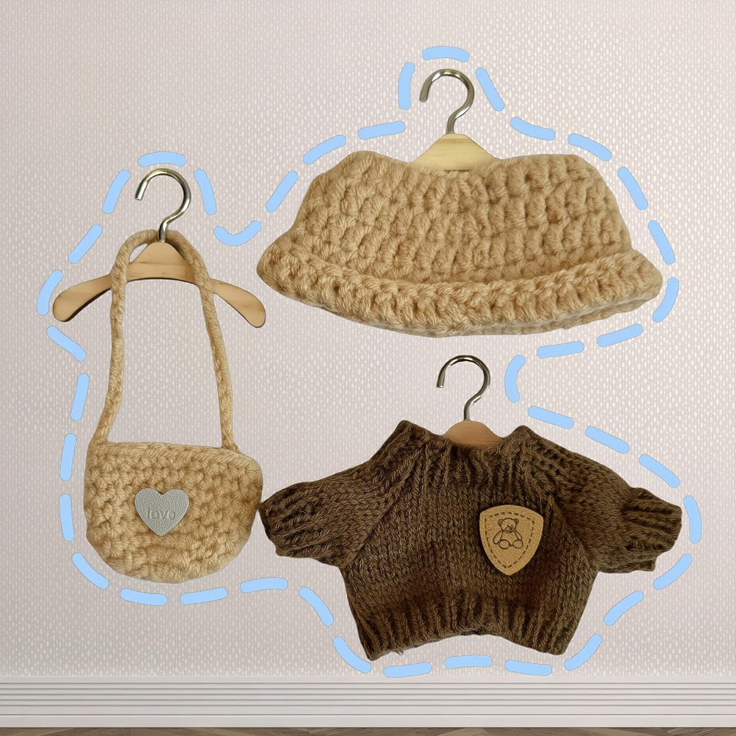 +3-Piece Handcrafted Crochet Doll Clothes Set – Hat, Sweater & Bag (Maillard Brown) Fits 5.9–6.7 inch Dolls (Labubu Gen 1 & 2) No Doll