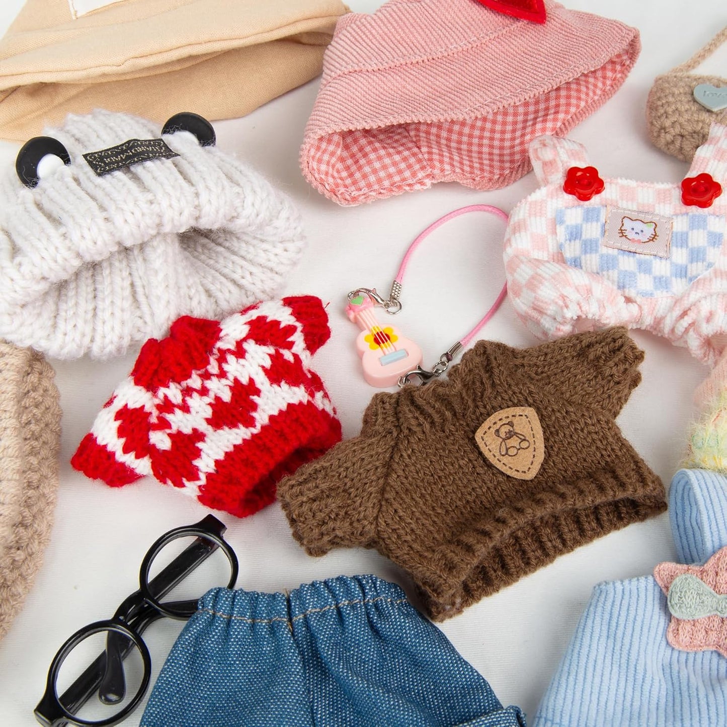 17cm Doll Clothes - Kawaii Chic Style Set for 17cm Dolls, Premium Doll Outfit with Accessories - Khaki Wool Hat + Brown Romper + Black Jeans + Khaki Bag (NO Doll)