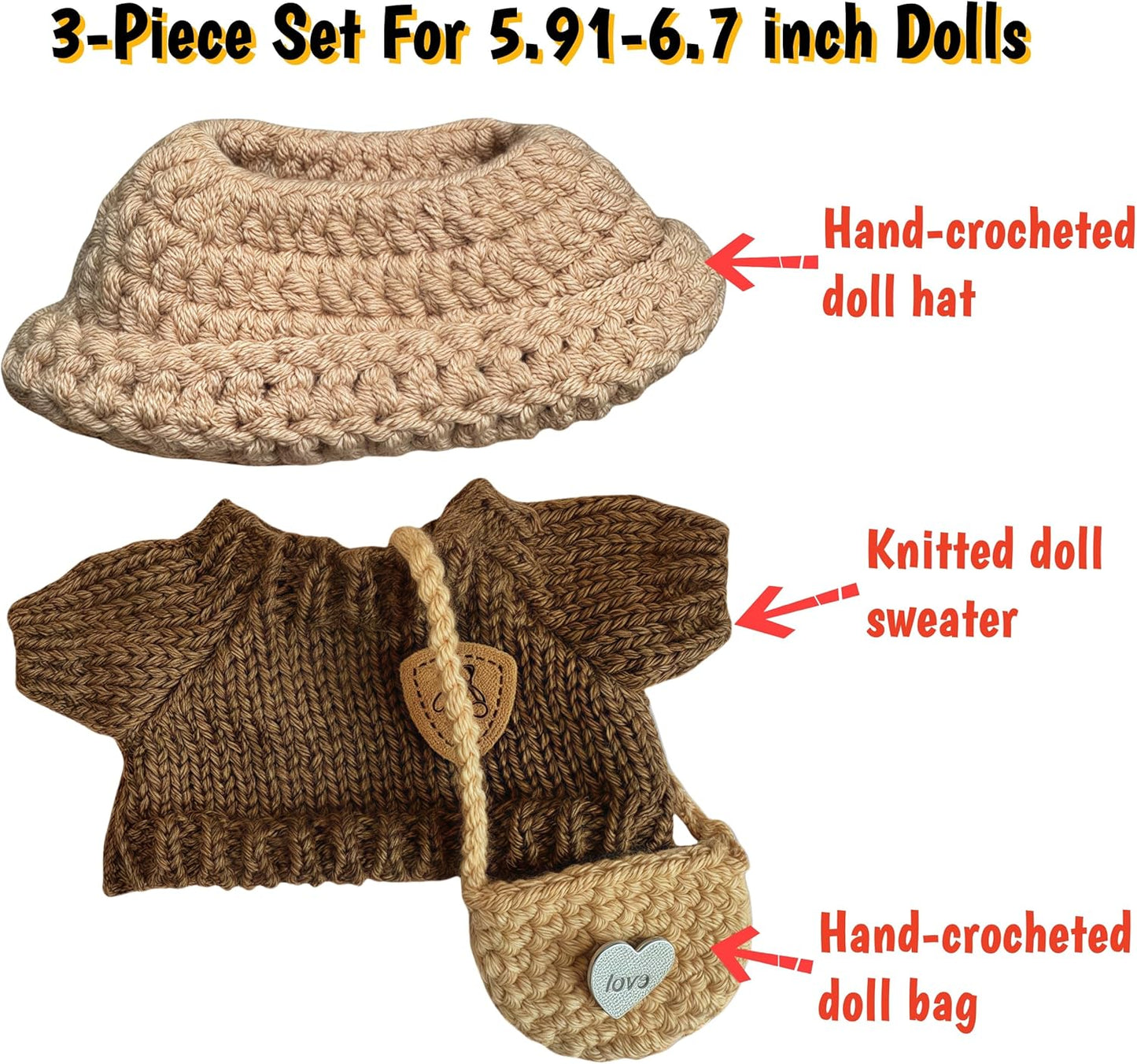 +3-Piece Handcrafted Crochet Doll Clothes Set – Hat, Sweater & Bag (Maillard Brown) Fits 5.9–6.7 inch Dolls (Labubu Gen 1 & 2) No Doll