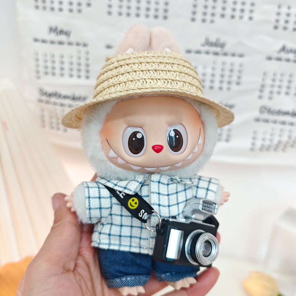 +17cm Labubu Doll Clothes – Checkered Shirt Outfit with Hat, Glasses, Mini Camera & Bag for Sit-Down Party (For Labubu V2 & V3 Vinyl Dolls)