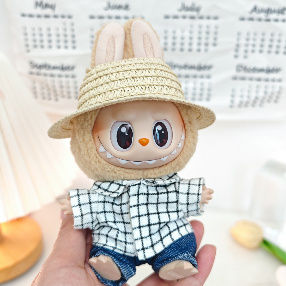 +17cm Labubu Doll Clothes – Checkered Shirt Outfit with Hat, Glasses, Mini Camera & Bag for Sit-Down Party (For Labubu V2 & V3 Vinyl Dolls)