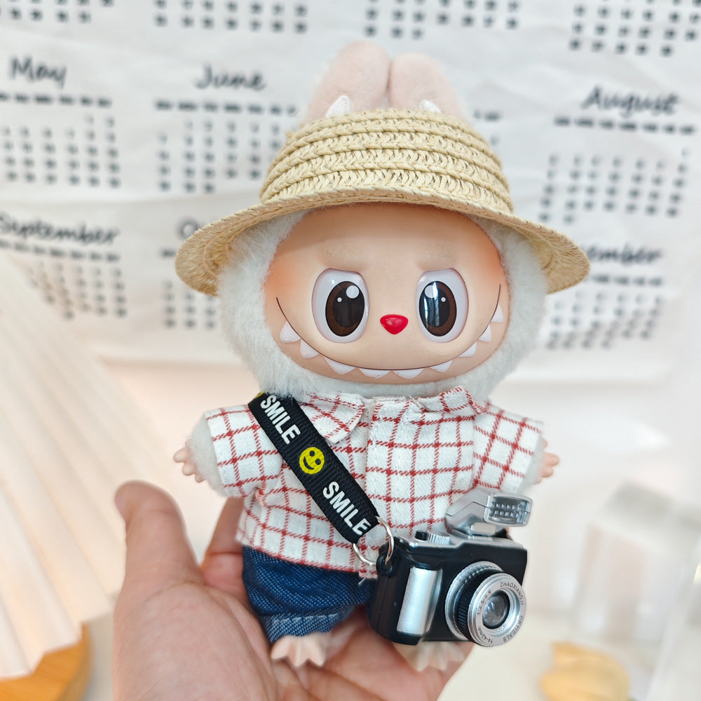 +17cm Labubu Doll Clothes – Checkered Shirt Outfit with Hat, Glasses, Mini Camera & Bag for Sit-Down Party (For Labubu V2 & V3 Vinyl Dolls)