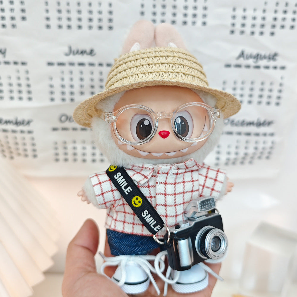 +17cm Labubu Doll Clothes – Checkered Shirt Outfit with Hat, Glasses, Mini Camera & Bag for Sit-Down Party (For Labubu V2 & V3 Vinyl Dolls)