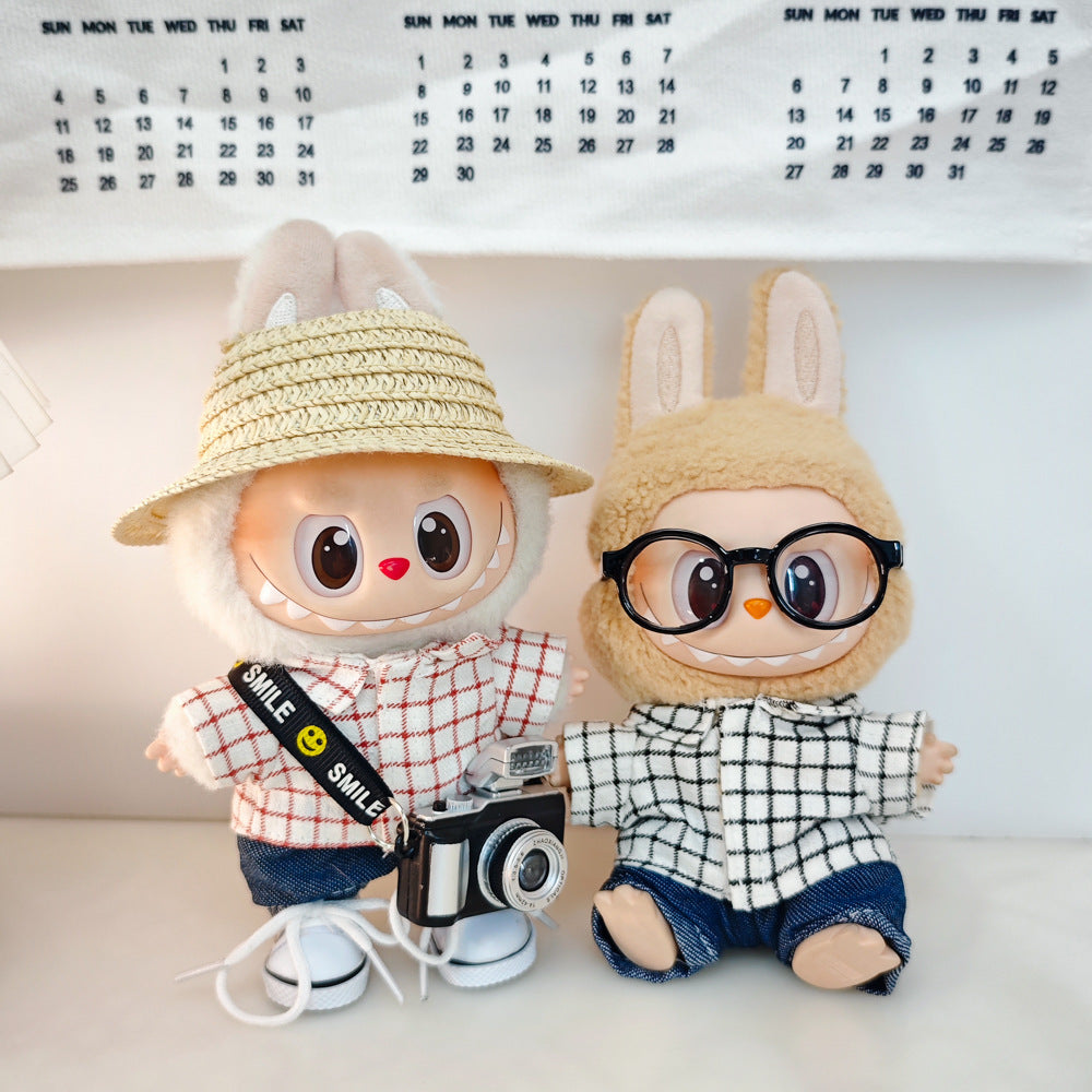 +17cm Labubu Doll Clothes – Checkered Shirt Outfit with Hat, Glasses, Mini Camera & Bag for Sit-Down Party (For Labubu V2 & V3 Vinyl Dolls)