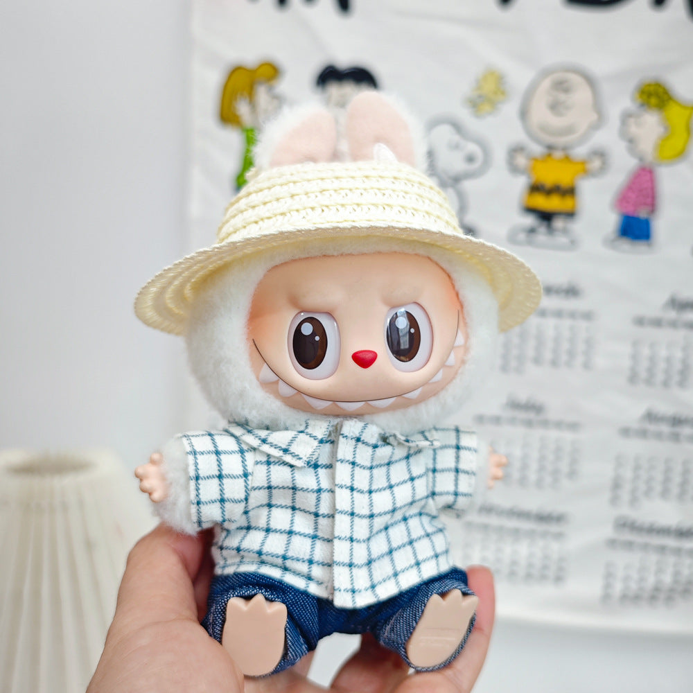 +17cm Labubu Doll Clothes – Checkered Shirt Outfit with Hat, Glasses, Mini Camera & Bag for Sit-Down Party (For Labubu V2 & V3 Vinyl Dolls)