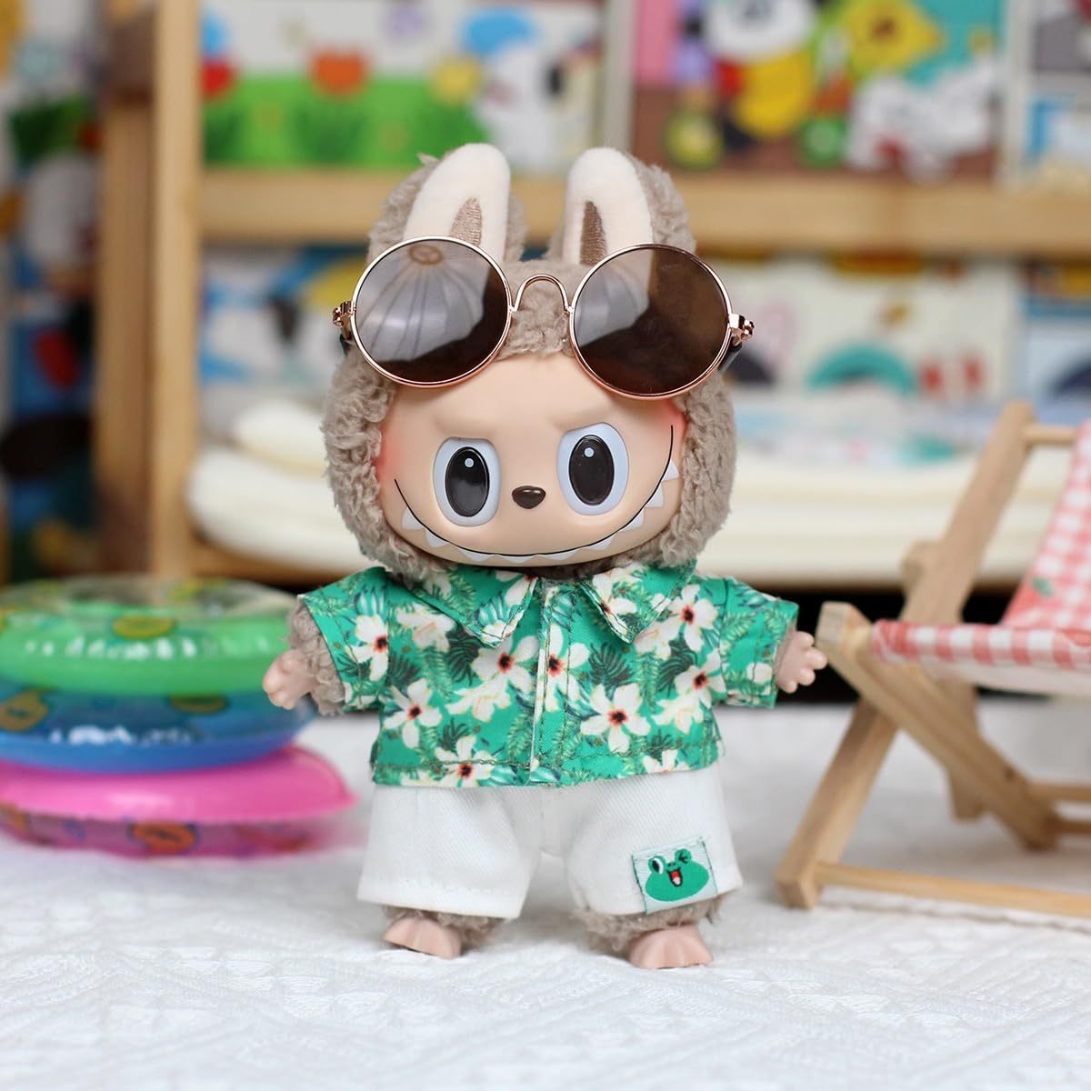 +Doll Clothes 4pcs Set for Labubu (NO DOLLS)- Tropical Hawaiian Green Shirt+ White Shorts& Shark Sandals Glasses Suitable for 5.91inch 6.69inch La-bubu Doll, Age Limit 15+(No Dolls)