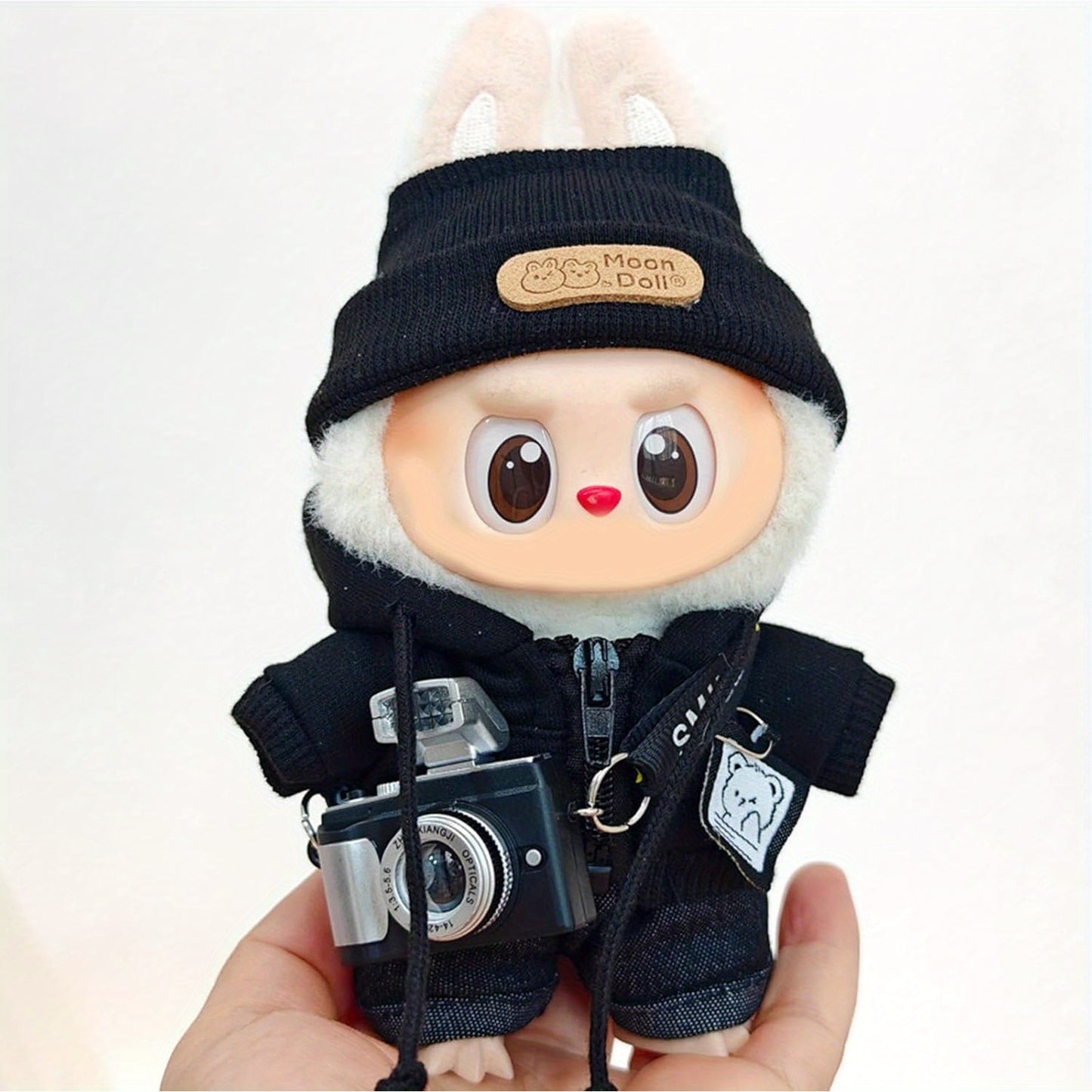 +Hoodie Clothes Sets for 6.69inch Dolls Labubu (Only Clothing No Doll) Clothing Accessories, Cool Cardigan Outfits for Doll Upper Garment Replacement (BlackA+Shoes+Glassess+mini Camera+Hats)