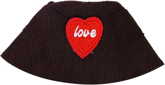 Vintage Corduroy Hat for Labubu - 6.7in Doll Size with Embroidered Heart Patch (Collector's Display Accessory, Not a Toy)
