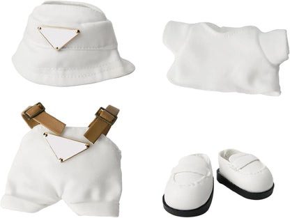 Cloth for 15cm ＆ 17cm Doll,5-Piece Handcrafted Crochet Clothes Outfit for Doll(NO Doll) - Light Pink Clothes + Light Pink Bear-Shaped Velvet hat + Glasses + Shoulder Bag + White Canvas Shoes