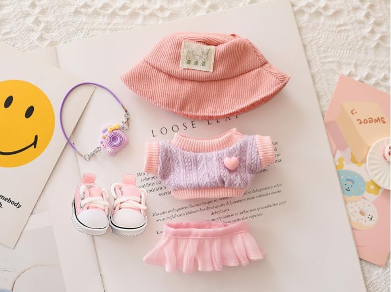 Doll Clothes for Dolls Accessories, Stylish Kawaii Outfit Set 5 Pieces Suitable for 15cm 17cm Doll,Doll Clothing Set Replacement (Pink)