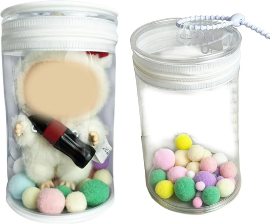 Clear Display & Storage Case for 17&15cm Plush Doll PVC Bag with Detachable Keychain for Collectible Toys and Cosmetics, Portable cases for Travel or Home Decor (Transparent Cylinder)