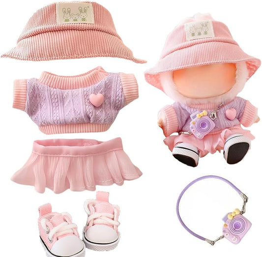 Doll Clothes for Dolls Accessories, Stylish Kawaii Outfit Set 5 Pieces Suitable for 15cm 17cm Doll,Doll Clothing Set Replacement (Pink)